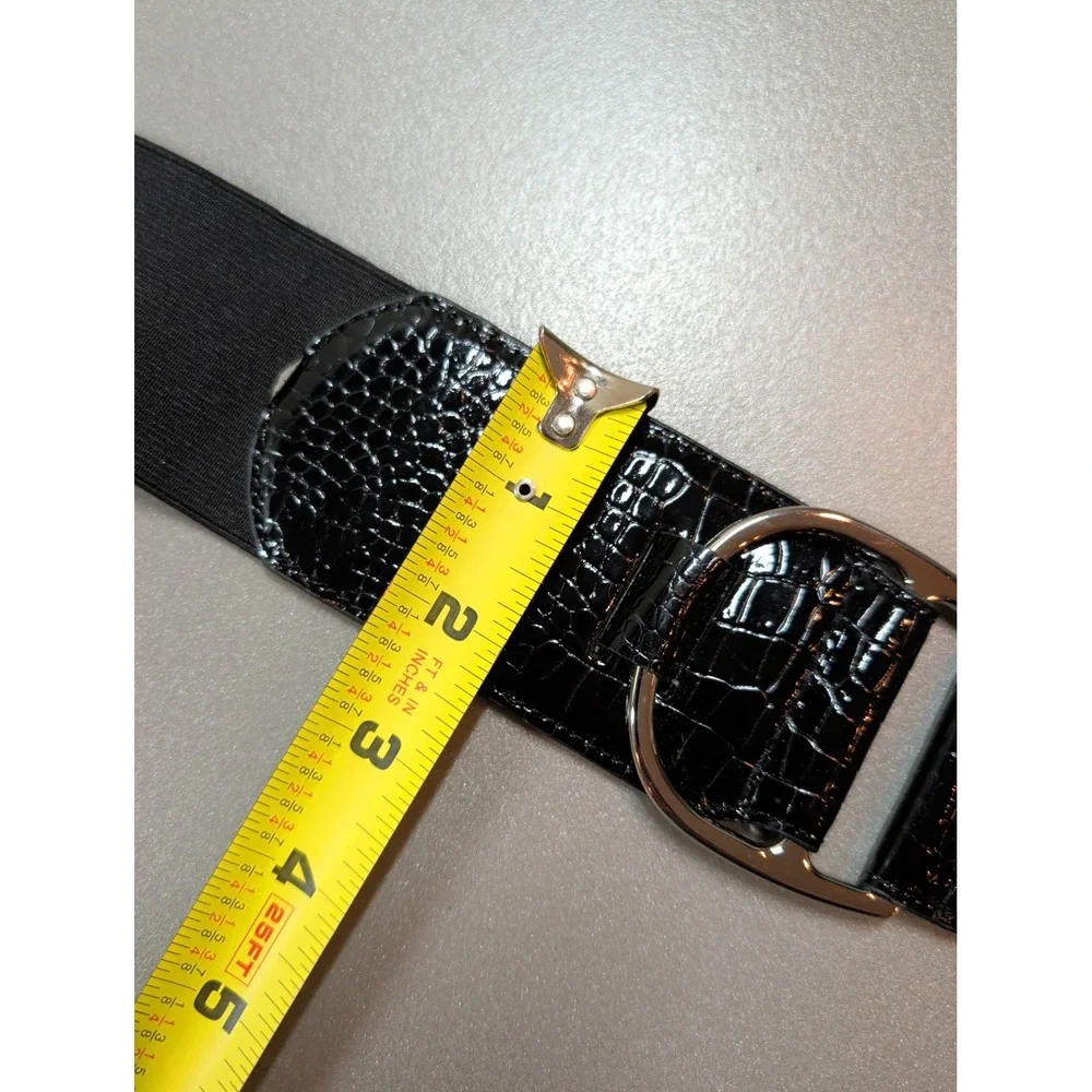 Black Croc Embossed Wide Elastic Waist Belt Silver Buckle BE1071‎ ML